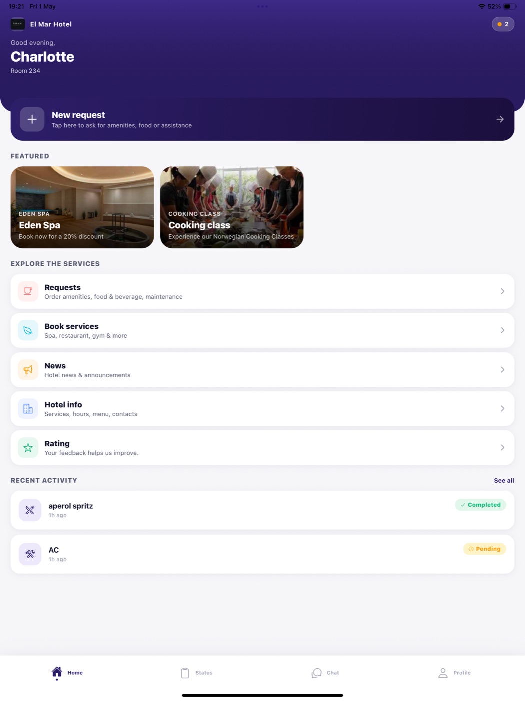 SmartHotels guest iPad — in-room home with featured services, requests and recent activity.